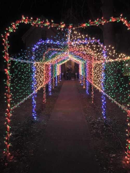 A festive pathway illuminated with colorful holiday lights, leading to a house at night.