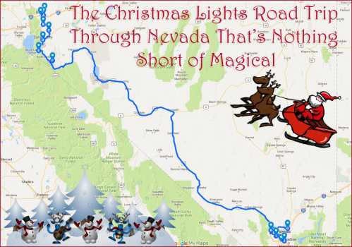 Map of a Christmas lights road trip through Nevada, decorated with festive graphics of Santa, reindeer, and winter scenes.