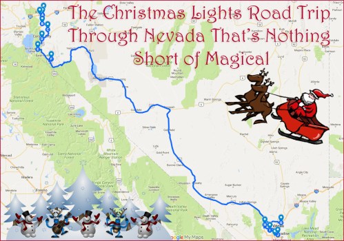 Map of a Christmas lights road trip through Nevada, decorated with festive graphics of Santa, reindeer, and winter scenes.
