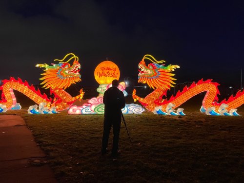 A person stands silhouetted in front of vibrant, illuminated dragon sculptures at a nighttime festival.