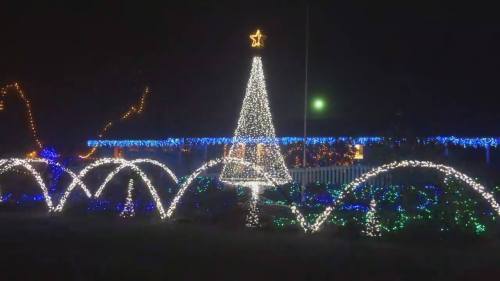 A brightly lit Christmas tree made of lights, surrounded by colorful decorations and illuminated arches at night.