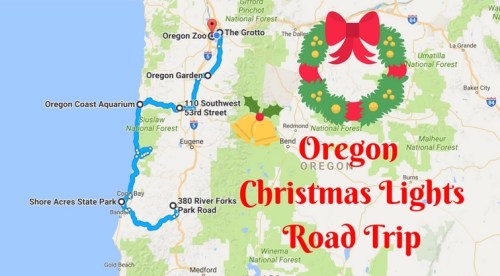 Map of Oregon highlighting a Christmas lights road trip route with festive decorations and key locations marked.