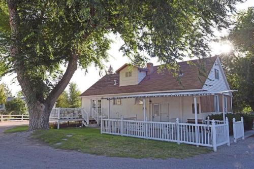 A charming white house with a brown roof, surrounded by greenery and a white picket fence, under a large tree.