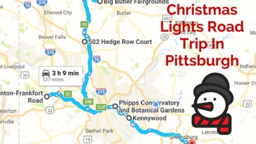 Map showing a Christmas lights road trip route in Pittsburgh, highlighting key locations and travel time. Snowman graphic included.