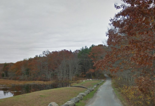 A winding path beside a calm pond, surrounded by trees with autumn foliage under a cloudy sky.