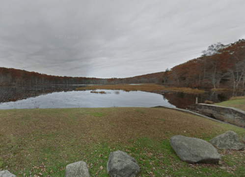 A serene lake surrounded by trees with autumn foliage under a cloudy sky, featuring grassy banks and large rocks.