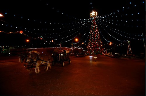 A festive scene at night featuring a decorated Christmas tree and a horse-drawn carriage under twinkling lights.