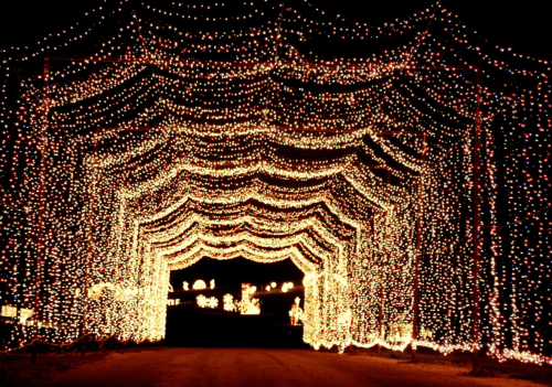 A dazzling archway of colorful lights creates a festive atmosphere at night.