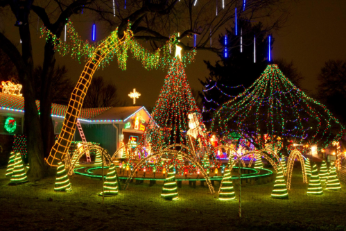 A festive display of colorful Christmas lights featuring decorated trees and whimsical designs in a nighttime setting.