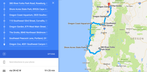 Map showing a route in Oregon with locations like the Oregon Zoo and Shore Acres State Park, totaling 9 hours and 25 minutes.