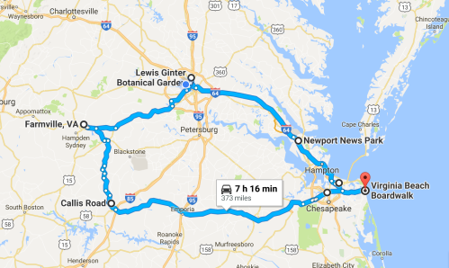 Map showing a route from Virginia Beach to various locations including Lewis Ginter Botanical Garden and Newport News Park.