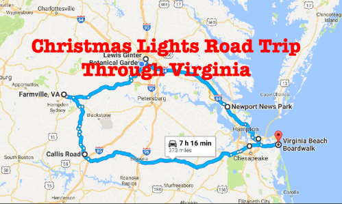 Map showing a Christmas lights road trip route through Virginia, highlighting key locations and travel time.