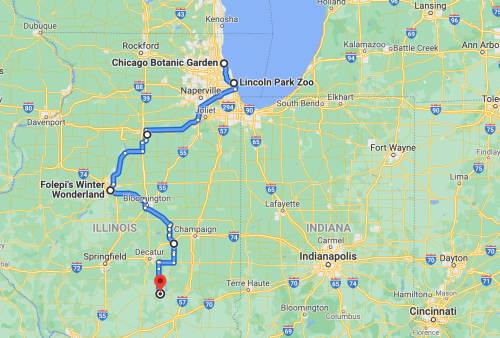 Map showing a route from Folepi's Winter Wonderland to Lincoln Park Zoo, passing through Chicago and other Illinois locations.