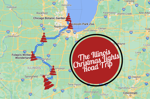 Map of Illinois featuring a Christmas lights road trip route, marked with trees and a decorative title.