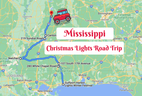 Map of Mississippi highlighting a Christmas lights road trip route with a red truck icon.