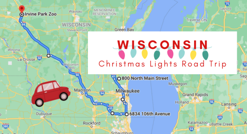 Map showing a route for a Christmas Lights Road Trip in Wisconsin, featuring a car icon and key locations.