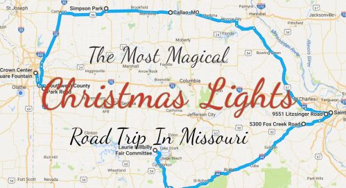 Map of a Christmas lights road trip in Missouri, highlighting key locations and routes for a festive journey.