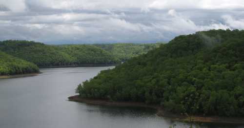 A serene landscape featuring a winding river surrounded by lush green hills under a cloudy sky.