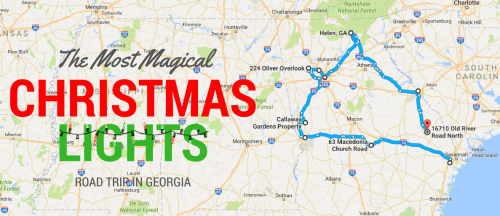 Map highlighting a route for "The Most Magical Christmas Lights" in Trion, Georgia, with key locations marked.