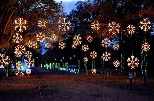A pathway illuminated with snowflake lights and colorful decorations, surrounded by trees at dusk.