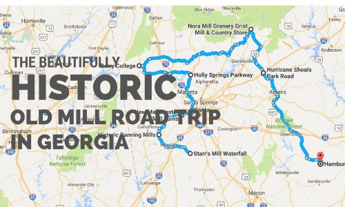 Map highlighting the Old Mill Road Trip in Georgia, featuring historic sites and scenic routes.