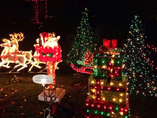 Colorful Christmas lights decorate reindeer, Santa, a sleigh, and gift boxes in a festive outdoor display.