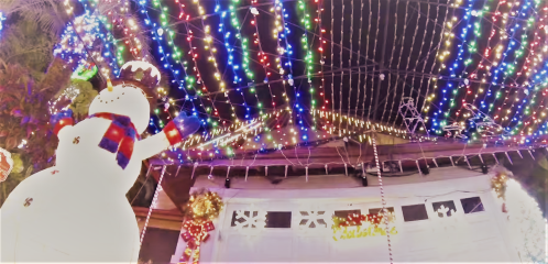 A festive scene featuring a snowman and colorful holiday lights strung above a garage.