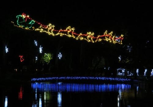 A festive display of colorful lights depicting Santa and reindeer above a pond with blue reflections at night.