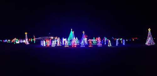 A vibrant display of colorful Christmas lights and decorated trees glowing in a dark night sky.