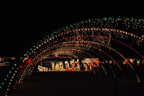 A festive display of colorful Christmas lights forming arches, featuring illuminated figures in a holiday scene.