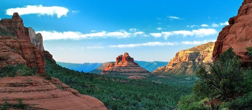 A panoramic view of red rock formations and lush greenery under a clear blue sky in a desert landscape.