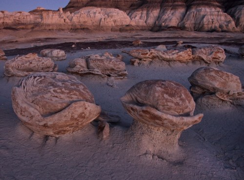 Unique rock formations resembling giant clams on a sandy landscape at dusk, with layered cliffs in the background.