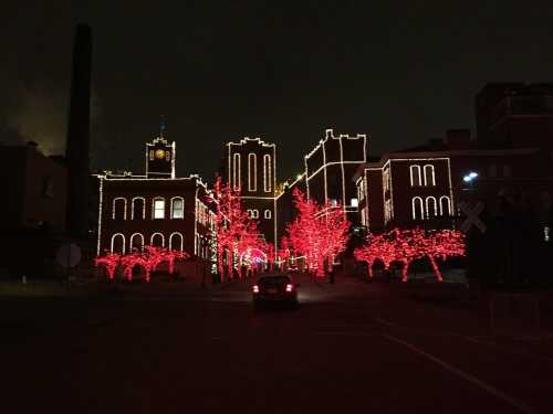 A street view of buildings adorned with red lights and illuminated trees at night.