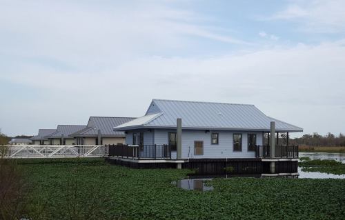 A modern house on stilts surrounded by water and greenery, with a metal roof and wooden deck.