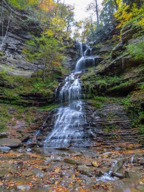 A serene waterfall cascading down rocky cliffs, surrounded by lush greenery and autumn foliage.
