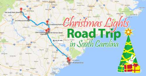 Map showing a Christmas lights road trip route in South Carolina, marked with stops and festive decorations.