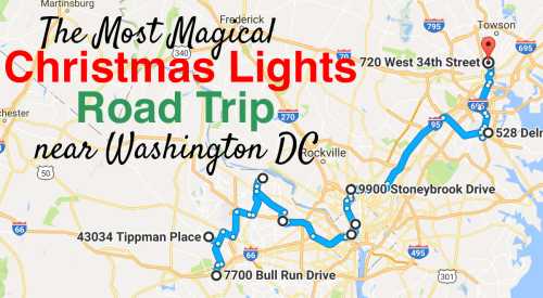 Map highlighting a Christmas lights road trip route near Washington, DC, with marked locations and directions.