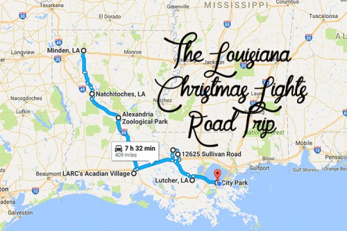 Map of a road trip in Louisiana, highlighting Christmas light destinations with a route and travel time.