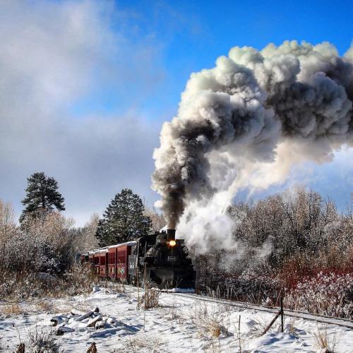 A steam train billows smoke while traveling through a snowy landscape with trees in the background.