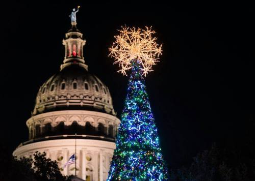 A brightly lit Christmas tree with a star topper stands in front of a dome building at night.