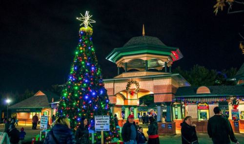 A brightly lit Christmas tree with a star on top stands in a festive plaza, surrounded by holiday decorations and visitors.