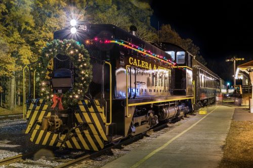 A decorated train with festive lights and a wreath, parked at a station at night surrounded by trees.