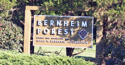 Sign for Bernheim Forest, owned by the Isaac W. Bernheim Foundation, surrounded by greenery.