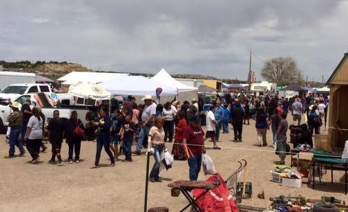 A bustling outdoor market scene with crowds of people browsing stalls and tents under a cloudy sky.