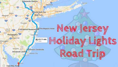 Map showing a route for a New Jersey holiday lights road trip, featuring a Christmas tree graphic and travel details.