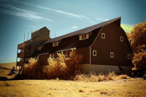 A large, rustic barn with a sloped roof, surrounded by tall grass and trees under a bright blue sky.
