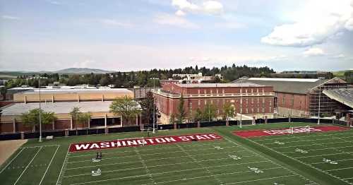 A view of Washington State University's football field, featuring the logo and surrounding buildings under a clear sky.