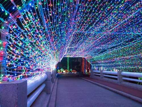 A vibrant tunnel of colorful lights creating a festive atmosphere, with a pathway leading through the illuminated display.