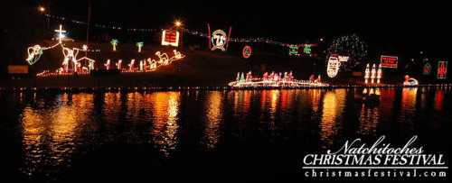 Colorful Christmas lights reflect on water, showcasing festive decorations along a shoreline at night.