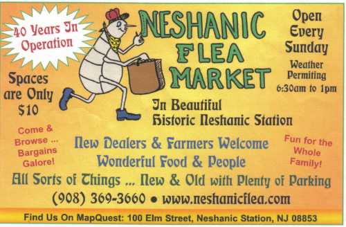 Colorful flyer for Neshanic Flea Market, featuring details on location, hours, and welcoming new vendors and visitors.